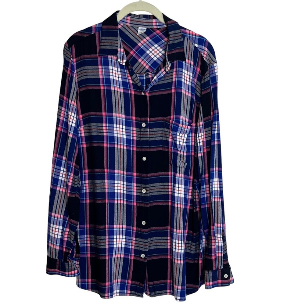 Old Navy Womens Lightweight Flannel Shirt L Blue Pink Gray Plaid Button Up